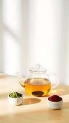 Clear Teapot and Cup with Herbal Additions in Sunlight