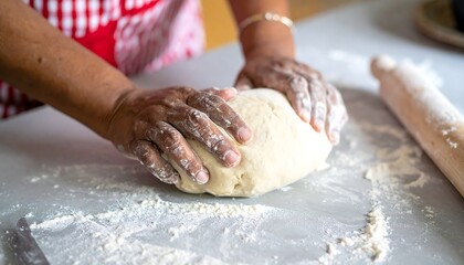 Hands kneading dough on floured surface.