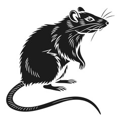 Elegant Black Silhouette of a Rat Standing Upright on White Background, Intricate Lines