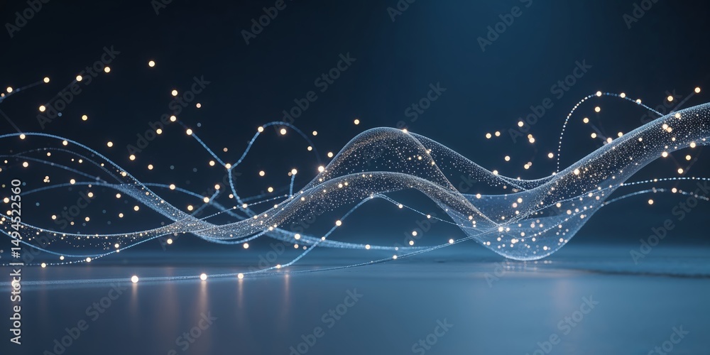 Poster flowing abstract light waves with luminous particles in a dark background creating an ethereal atmos