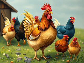 Fototapeta premium Bielefeld hens on a farm, illustration