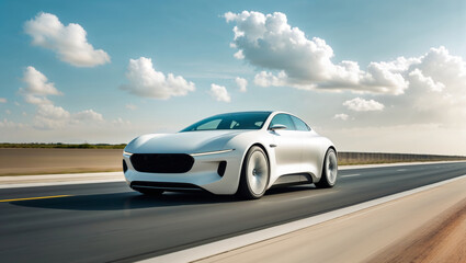 A white electric car speeds down a highway under a partly cloudy sky, showcasing modern design.