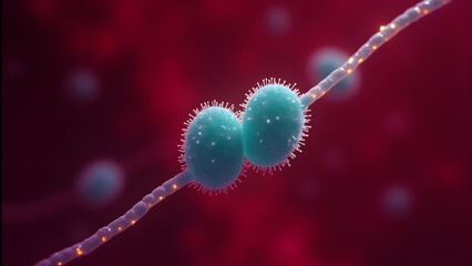 Paired cocci with capsule and thread-like virus glowing teal on red microscopic field.