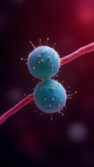 Paired cocci with capsule and thread-like virus glowing teal on red microscopic field.