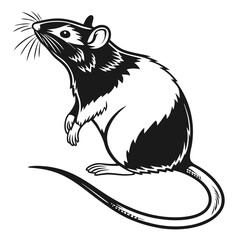 Standing Rat Black and White Rodent Silhouette with Long Tail, Whiskers