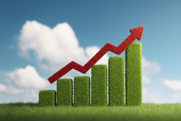 A green, grassy bar graph rising with a red arrow pointing upwards, set against a blue sky background, conveying a concept of sustainable business.