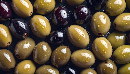 A realistic macro photograph showcasing a colorful mix of various olives immersed in golden olive oil.