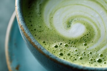 Close-up of a ceramic cup filled with frothy matcha latte showing a vibrant green swirl. Ideal for concepts around wellness, mindfulness, healthy drinks, and natural lifestyle.