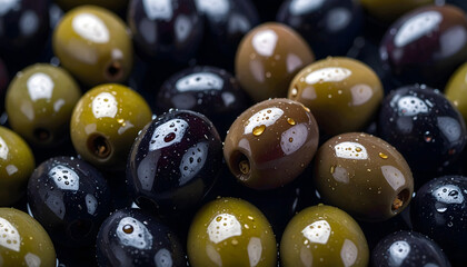 A realistic macro photograph showcasing a colorful mix of various olives immersed in golden olive oil.