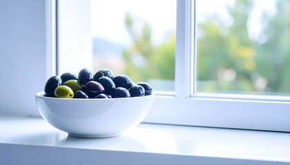 A realistic macro photograph showcasing a colorful mix of various olives immersed in golden olive oil.