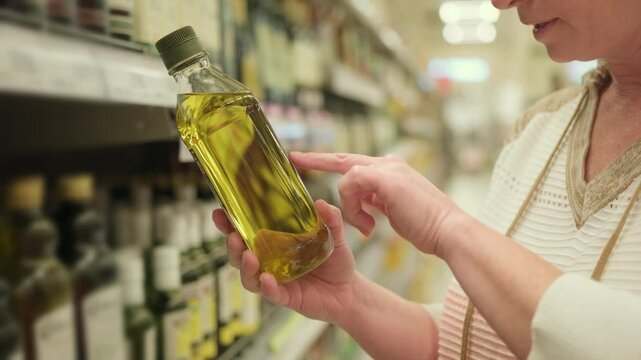 Woman reading label on bottle of olive oil in supermarket before buying.