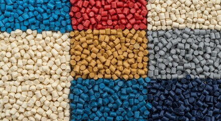 Colorful Plastic Resin Pellets - Close-up view of various colored plastic resin pellets arranged in a grid pattern. Ideal for industrial, manufacturing, and recycling concepts
