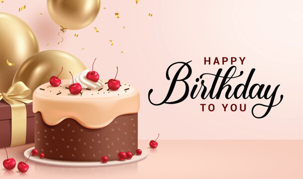 Happy birthday greeting cake clipart banner design. Birthday greeting text clip art with chocolate cake, gift box and balloons decoration elements in elegant background vector illustration.   
