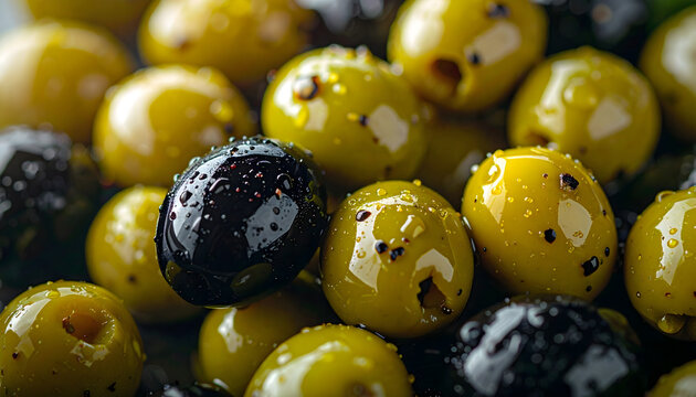 A realistic macro photograph showcasing a colorful mix of various olives immersed in golden olive oil.