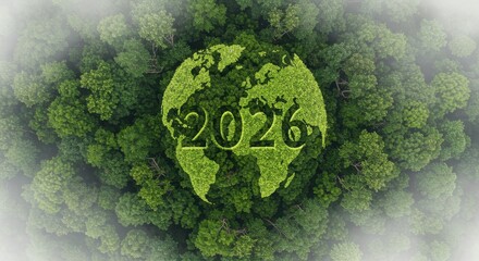 Environmental sustainability strategy 2026 concept with globe shape in dense forest representing global greenery vision and eco-conscious planning