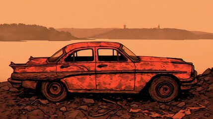 Illustrated vintage car decaying by the lakeside under a sepia toned sky