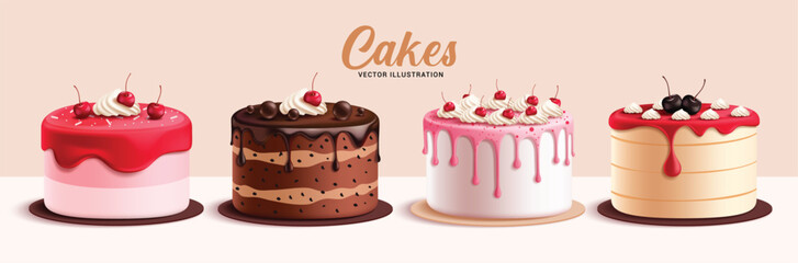 Birthday cake elements clipart set. Cake dessert 3d clip art in strawberry, raspberry, chocolate and red velvet flavors with yummy cherry toppings collection vector illustration. 
