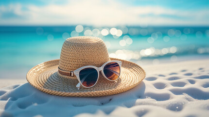 A sun hat and sunglasses on the beach, perfect for a relaxing day at the seaside.