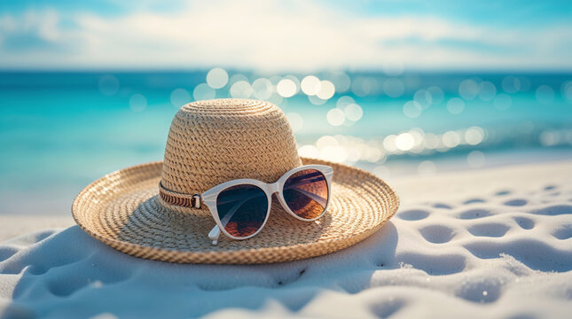 A sun hat and sunglasses on the beach, perfect for a relaxing day at the seaside.