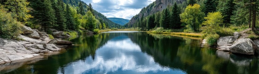 Fototapeta premium Scenic view of lake in pine forest with water and mountain concept. Scenic river landscape with lush trees and mountains reflected.