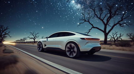Obraz premium An electric white car speeding on a road with starry sky, showcasing motion and modern design.