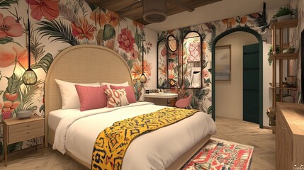 Tropical bedroom with floral wallpaper and wicker headboard