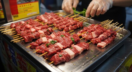 Delicious Beef Skewers Street Food Vendor Tray - Savory grilled beef skewers, street food vendor, sizzling meat, aromatic herbs, culinary delight. Represents deliciousness, street food culture