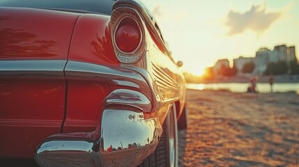 Classic Red Car Tail Light Detail at Golden Hour with City Silhouette