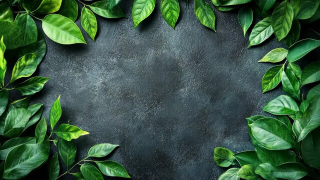 Lush green leaves frame a dark textured background, ideal for text or design elements