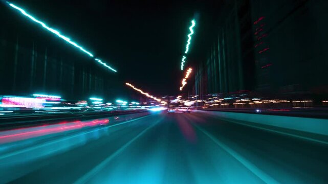 Hyperlapse Road Trip. Driving Along a Highway at Night Featuring Bright Streetlights Overhead and Motion Blur Effects. Capturing the Essence of a Nighttime Journey on an Illuminated Road