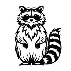 Tribal Standing Raccoon in Black and White, Silhouette Style, Striped Tail, Forest Animal