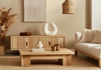 Light oak wood furniture in a minimalist living room with neutral tones and natural textures