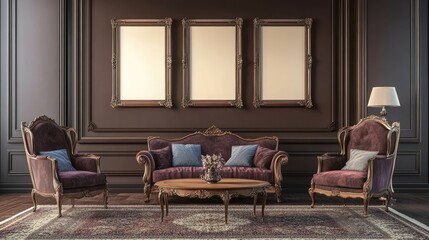 Elegant, antique-style interior featuring a dark maroon color scheme.