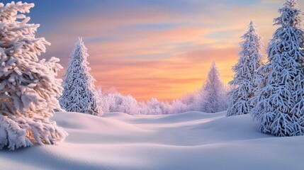 Fototapeta premium Captivating views of snow-covered trees framed by a stunning sunset backdrop.