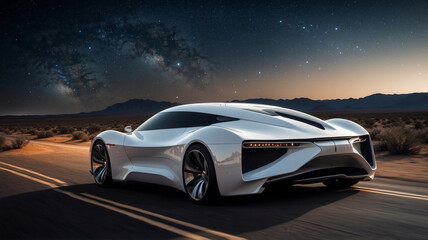 Fototapeta premium A stunning white futuristic sports car travels on a road under a starry night sky.
