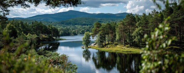 Obraz premium Scenic view of lake in pine forest near beautiful mountain concept. Serene lake surrounded by lush green trees and distant mountains.