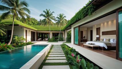 Elegant villa with a pool and a luxurious bedroom, surrounded by lush tropical greenery and palms.