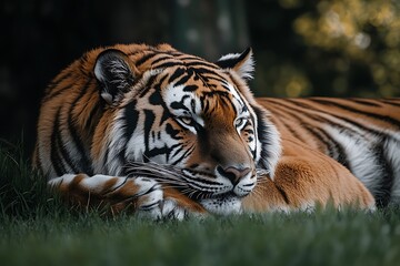 Fototapeta premium A tiger resting peacefully on the grass with its head resting on its paws in a relaxed pose
