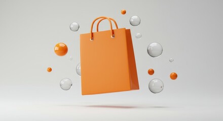 Levitating Shopping Bag: Online Shopping Concept - Orange shopping bag floats, symbolizing online ease, speed, modern retail, e-commerce, and consumerism. Minimalist design