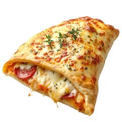 Delicious calzone style folded pizza stuffed with pepperoni and cheese, showcasing golden crust and melted cheese, perfect for satisfying meal isolated on a white background