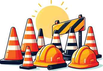 Vector Illustration of Construction Site Safety Equipment: Hard Hats, Traffic Cones, and Road Barrier