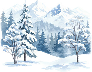 Hand-Painted Watercolor Winter Mountain Landscape with Snow-Covered Trees
