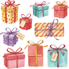 Watercolor Illustration of Assorted Gift Boxes with Ribbons