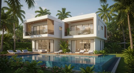 Fototapeta premium Luxurious Tropical Villa Escape - Modern villa, private pool, lush greenery, palm trees, tropical paradise. Represents luxury, relaxation, vacation, escape, and tranquility