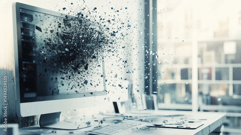 Poster exploding computer screen with shards flying in a bright office space with keyboard and desk visible