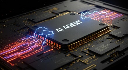 Microchip labelled ai agent on circuit board with electric surge representing intelligence processing power future computing energy data connection technology component..