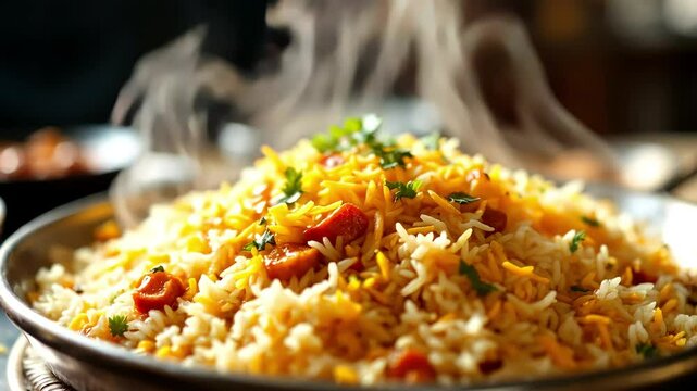 Close up of a fragrant biryani being served, with steam rising from the rice