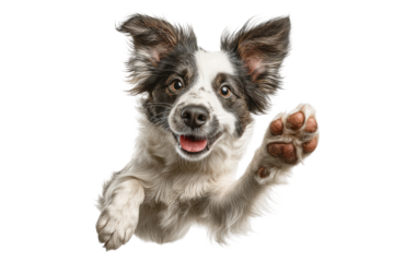 PNG Energetic black-and-white dog mid-jump with playful expression