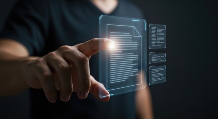 High resolution document with user accessing virtual page on futuristic screen for file management, digital content, information access, system interaction, data visualization, report analysis