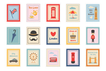 UK Stamps set. Collection of postage stamps on theme of England and London. Vector illustration isolated on white background
